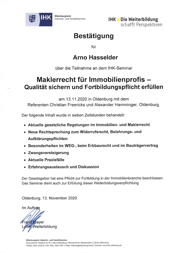 Weiterbildung Maklerrecht